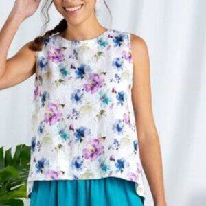 Cut Loose 100% Linen Floral Print Sleeveless Blouse Tank Size S M